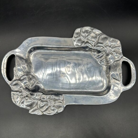 Vintage Floral Tray Vanity Serving Mexico Aluminum Handles Rectangle Flowers - Picture 2 of 8